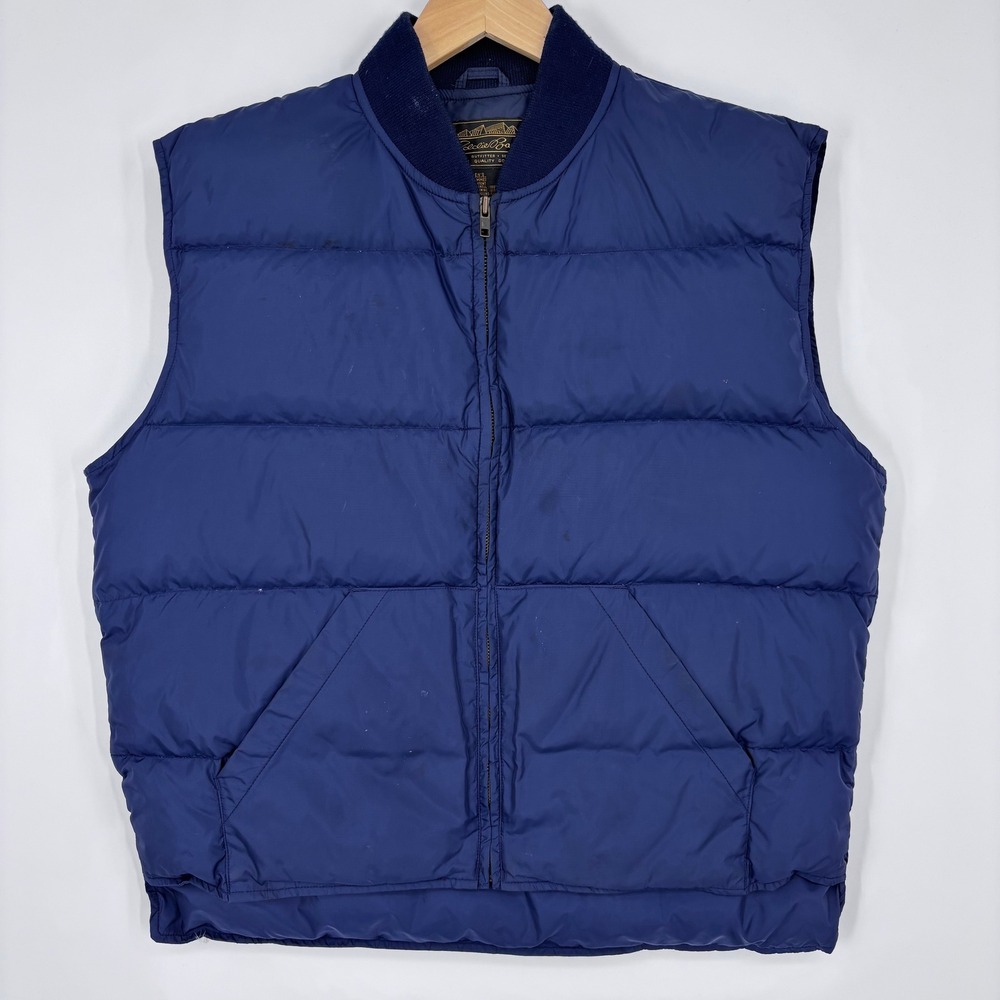 VTG 90s Eddie Bauer Down Puffer Vest Mens L Blue Quilted Outdoor Hiking *FLAW